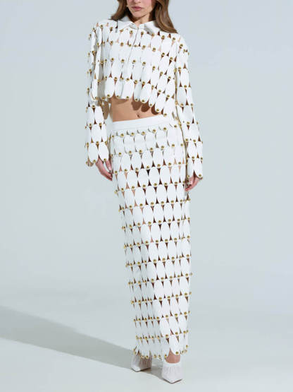 Exquisite Cut-Out Studded PU Cropped Cardigan Top