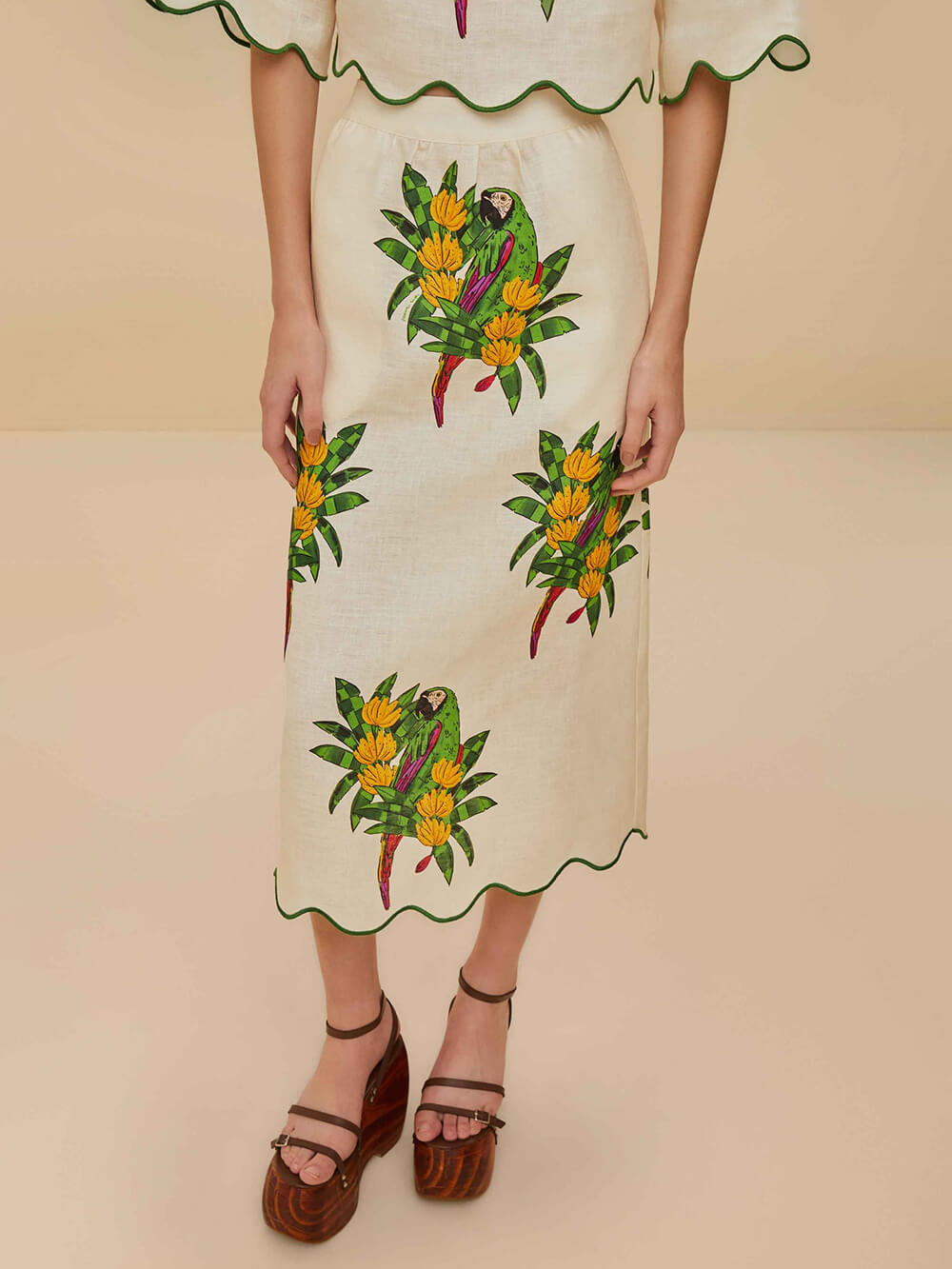Unique Garden Print Wavy Hem Linen Midi Skirt