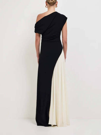 Elegant Asymmetric Off-Shoulder Pleated Maxi Dress