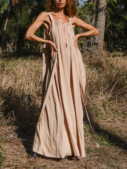 Elegant Square Neckline Beige Backless Flowing Ties Maxi Dress