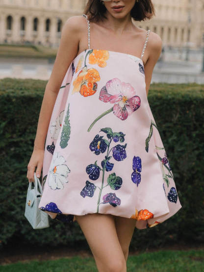 Fashion Printed Strap-Detail Bubble-Hem A-Line Mini Dress