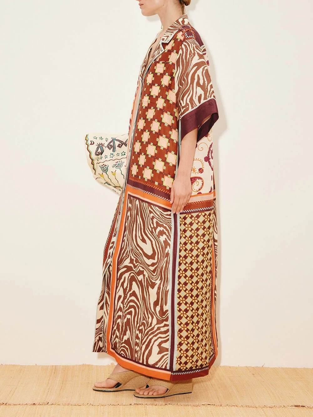 Unique Color-Block Print Side Pocket Loose Maxi Shirtdress