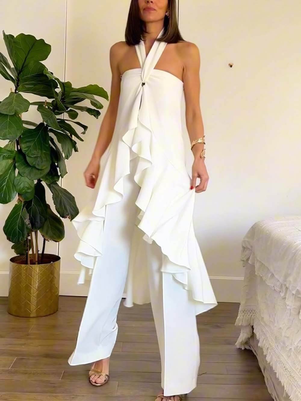 Casual Ruched Halterneck Backless Ruffle Top