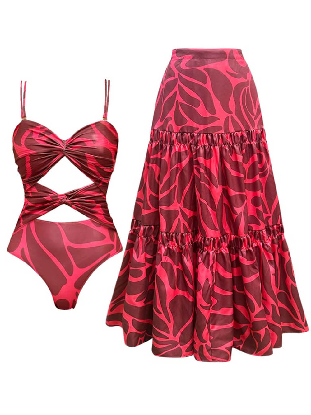 Cutout Printed One-Piece Swimsuit And Maxi Skirt Set