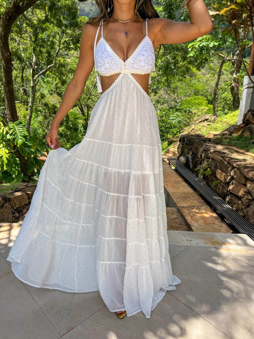 Retro Crochet Tassel Shoulder Strap Cutout Waist Chiffon Polka Dot Vacation Maxi Dress