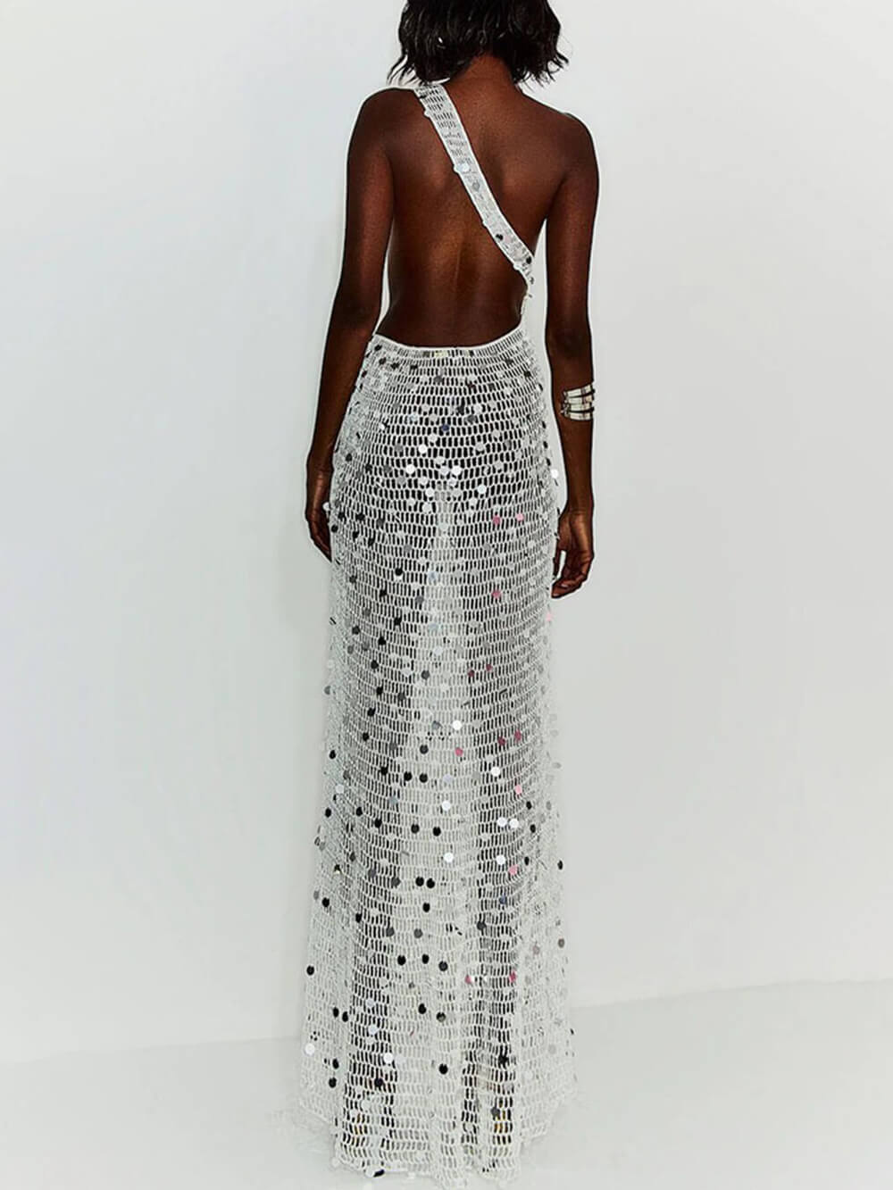 Sexy White Knit Cutout Sequin One-Shoulder Ring-Detail Slit Cover-Up Maxi Dress