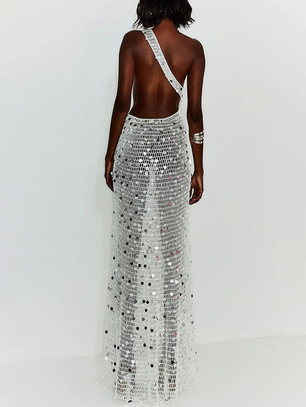 Sexy White Knit Cutout Sequin One-Shoulder Ring-Detail Slit Cover-Up Maxi Dress