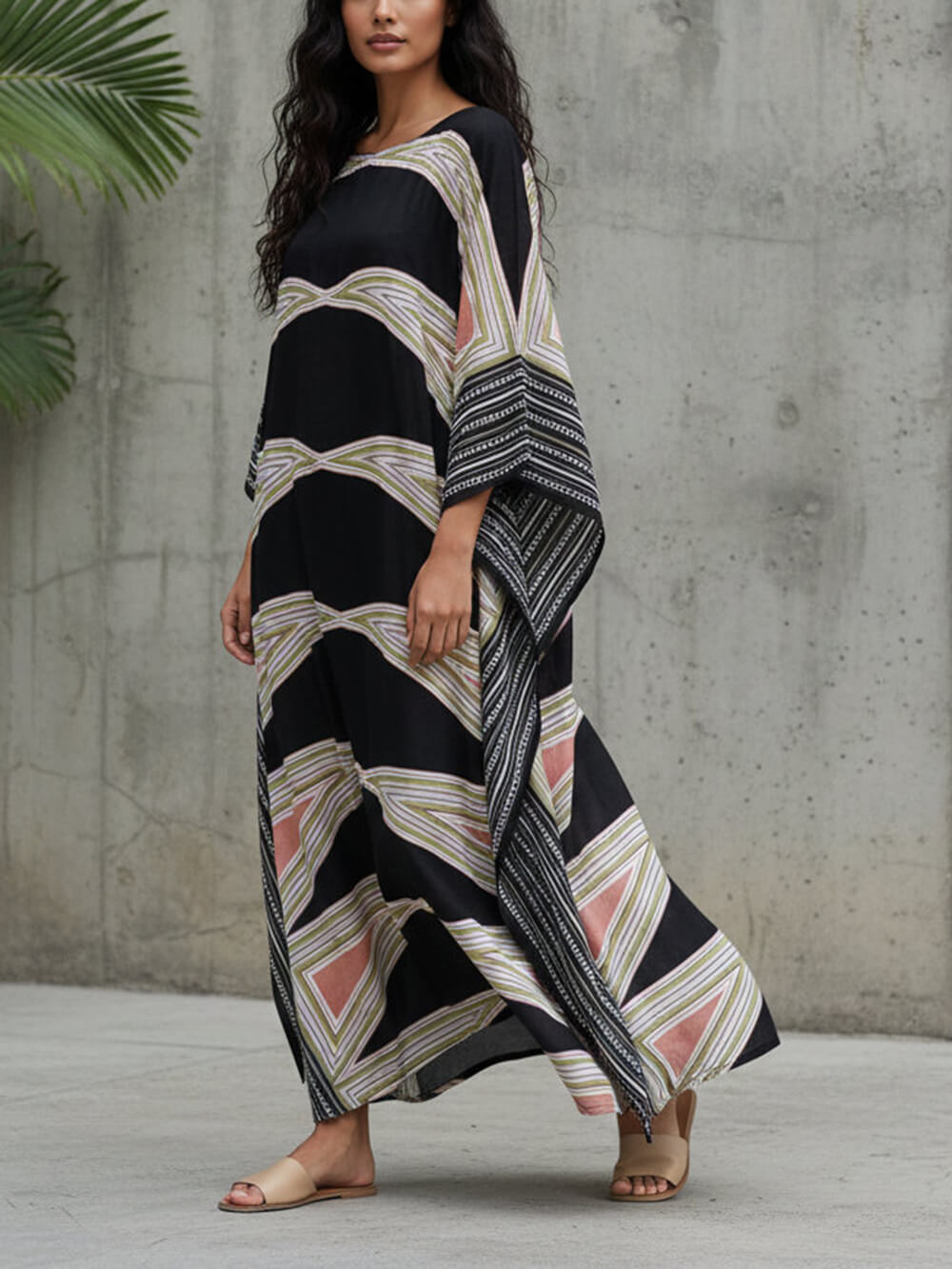 Retro Puzzle Print Kimono Beach Maxi Dress