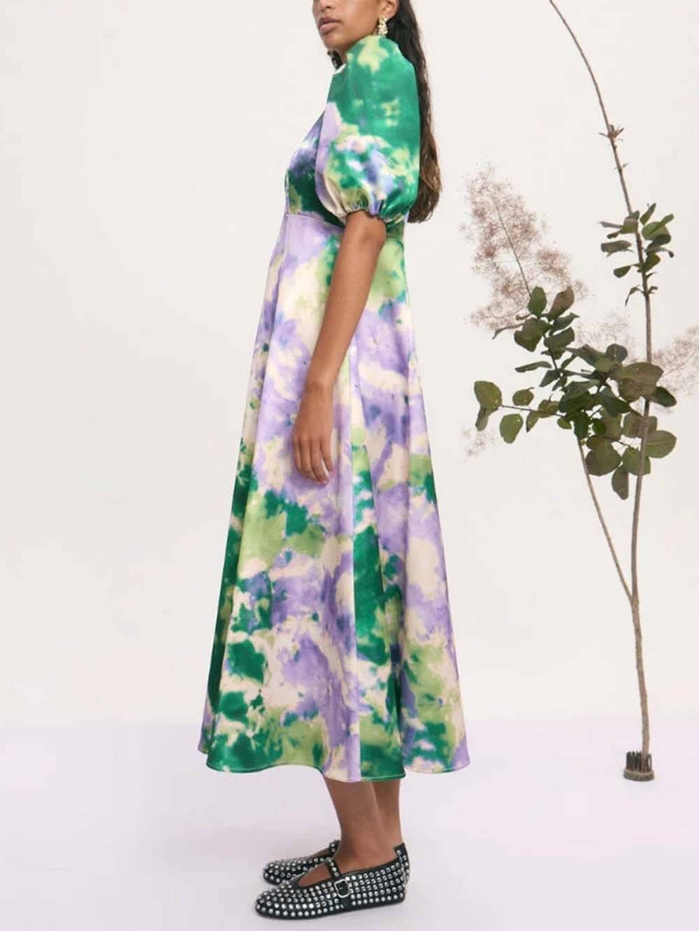 Retro Tie-Dye Puff Sleeve A-Line Maxi Dress