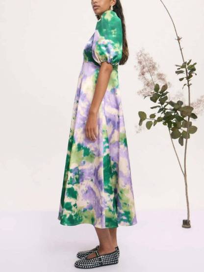 Retro Tie-Dye Puff Sleeve A-Line Maxi Dress