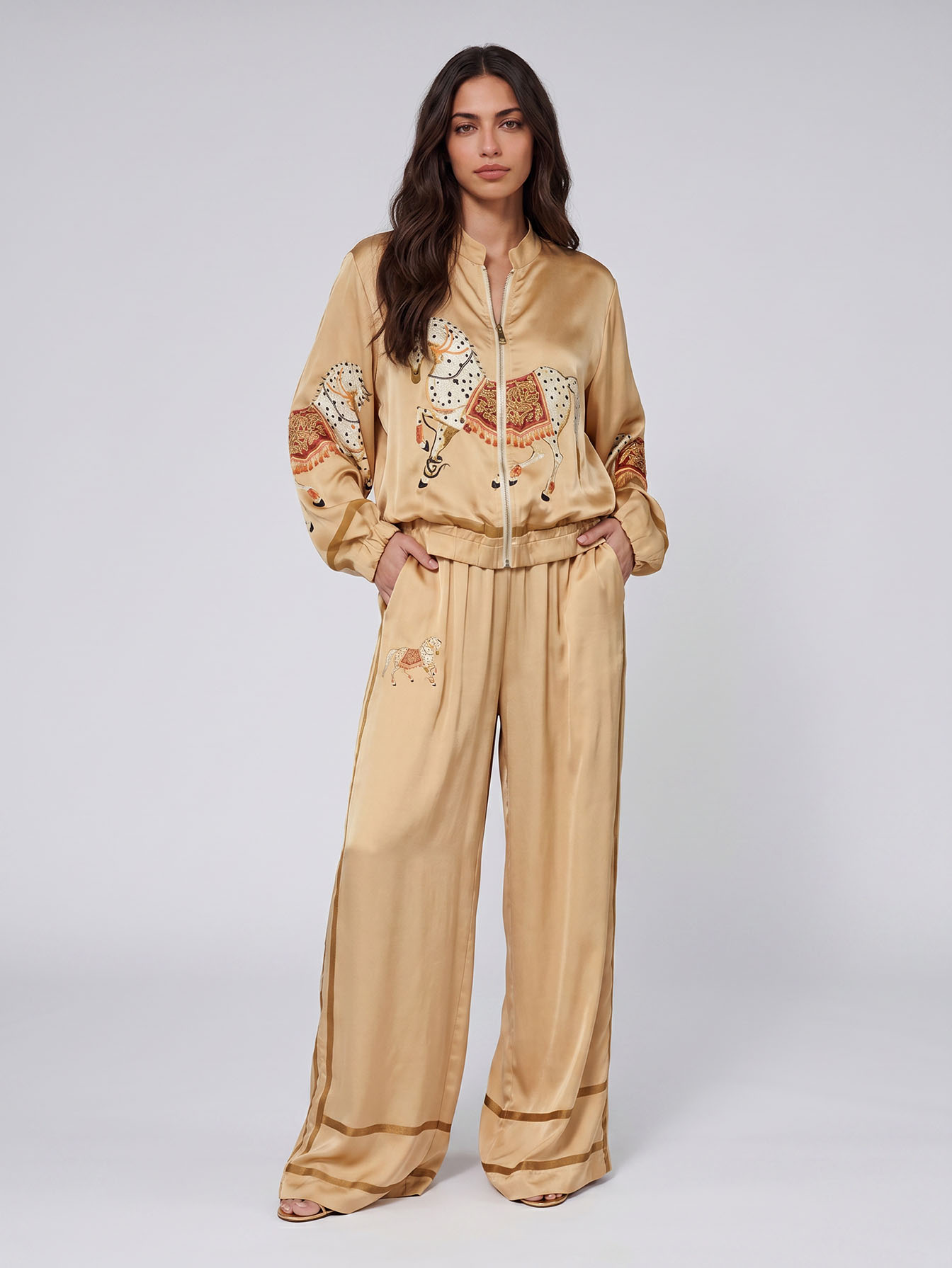 Exquisite Satin Horse Print Zip-Up Shirt
