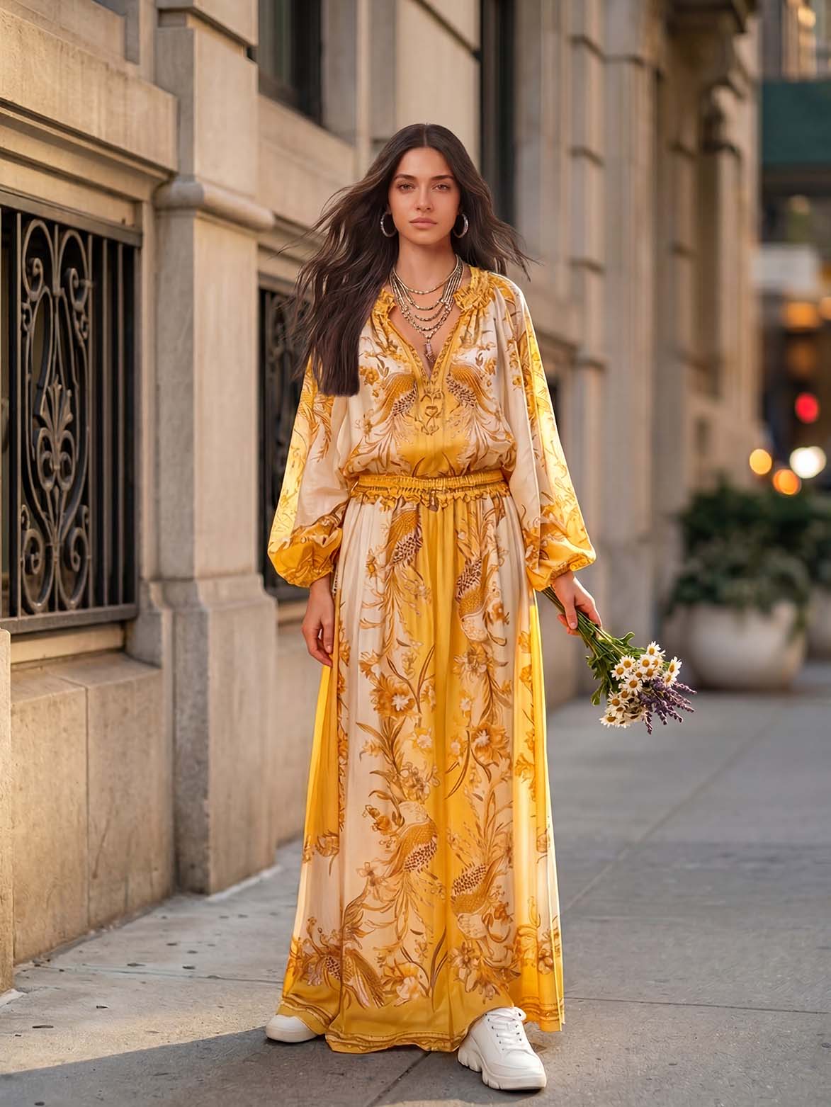 Elegant Retro Ethnic Print Two-Piece Dress