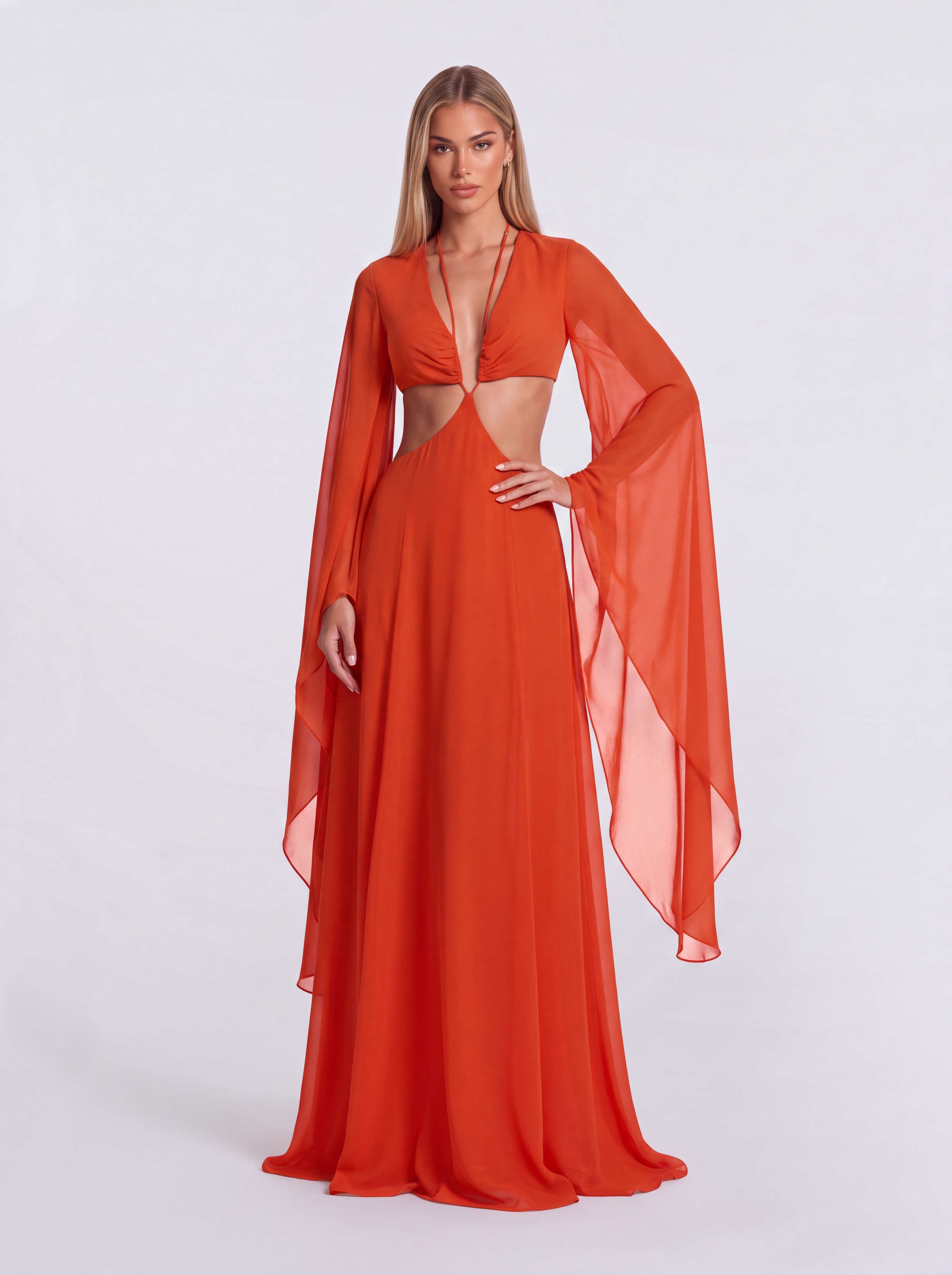 Vacation-style Deep V Cutout Bell Sleeve Chiffon Dress