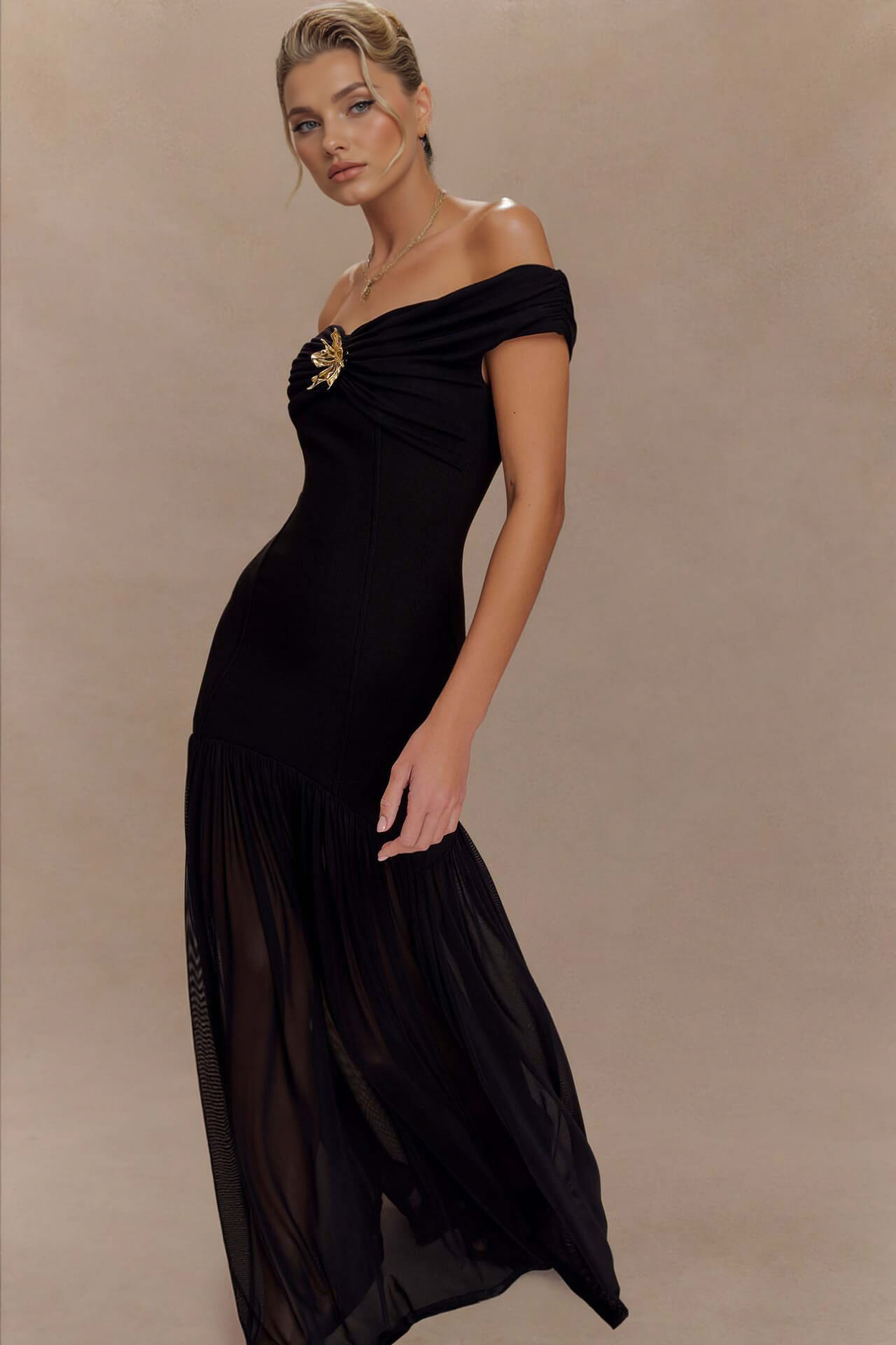 Elegant Floral-Embellished Strapless Bodycon Maxi Dress