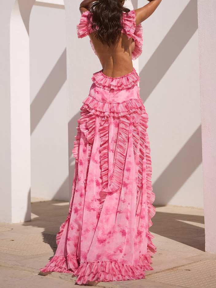 Elegant Tie-Dye Ruffle Cut-Out Slit Maxi Dress-Likemychoice