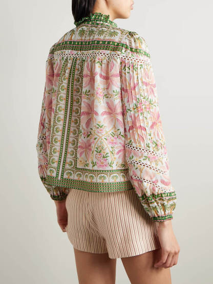 Retro Charm Crochet Trim Pleated Floral Patchwork Shirt