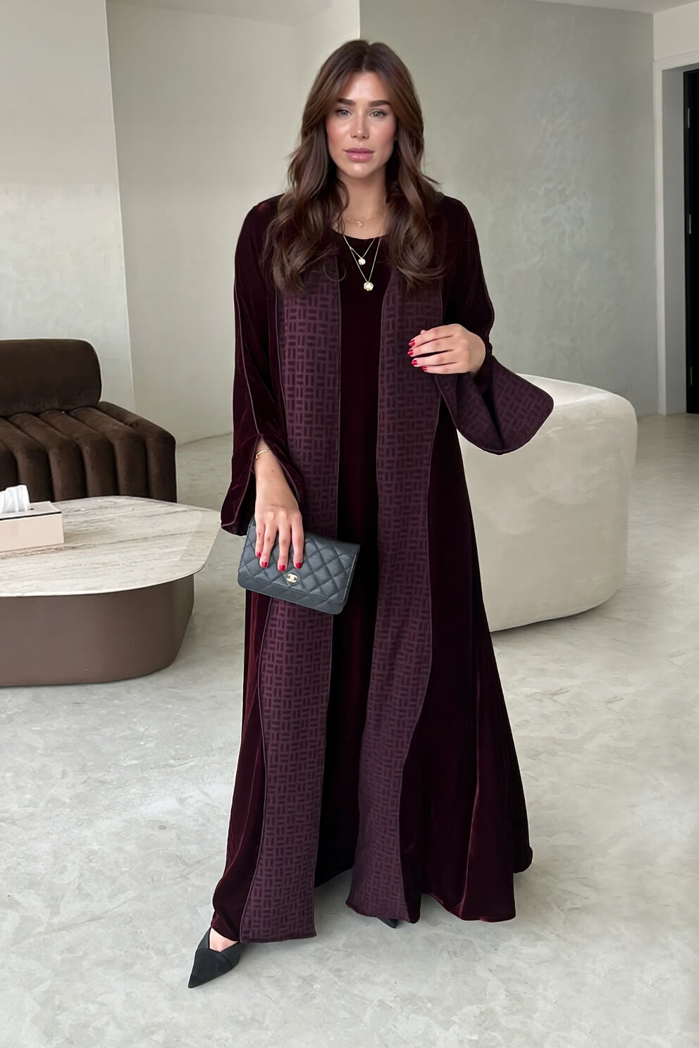 Elegant Black Printed Velvet Robe Cardigan