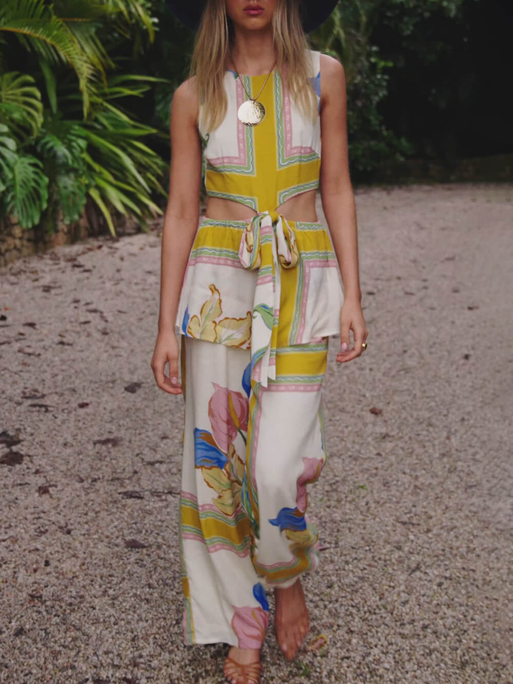 Fashionable Printed Patchwork Lace-Up Jumpsuit