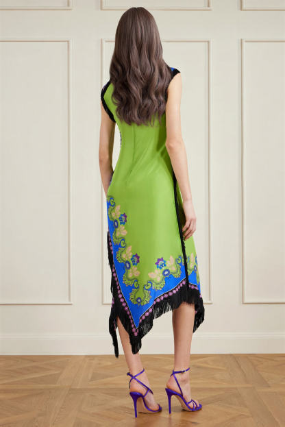 Exquisite Tassel Asymmetrical Print Satin Midi Dress