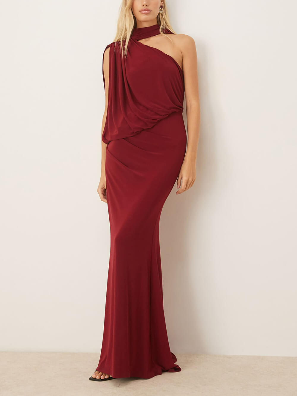 Exquisite One-Shoulder Draped Pleated Cape Maxi Dress