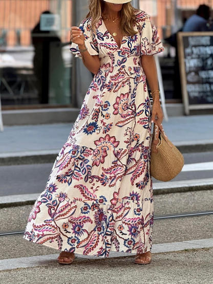 Elegant Floral Print A-Line Maxi Dress