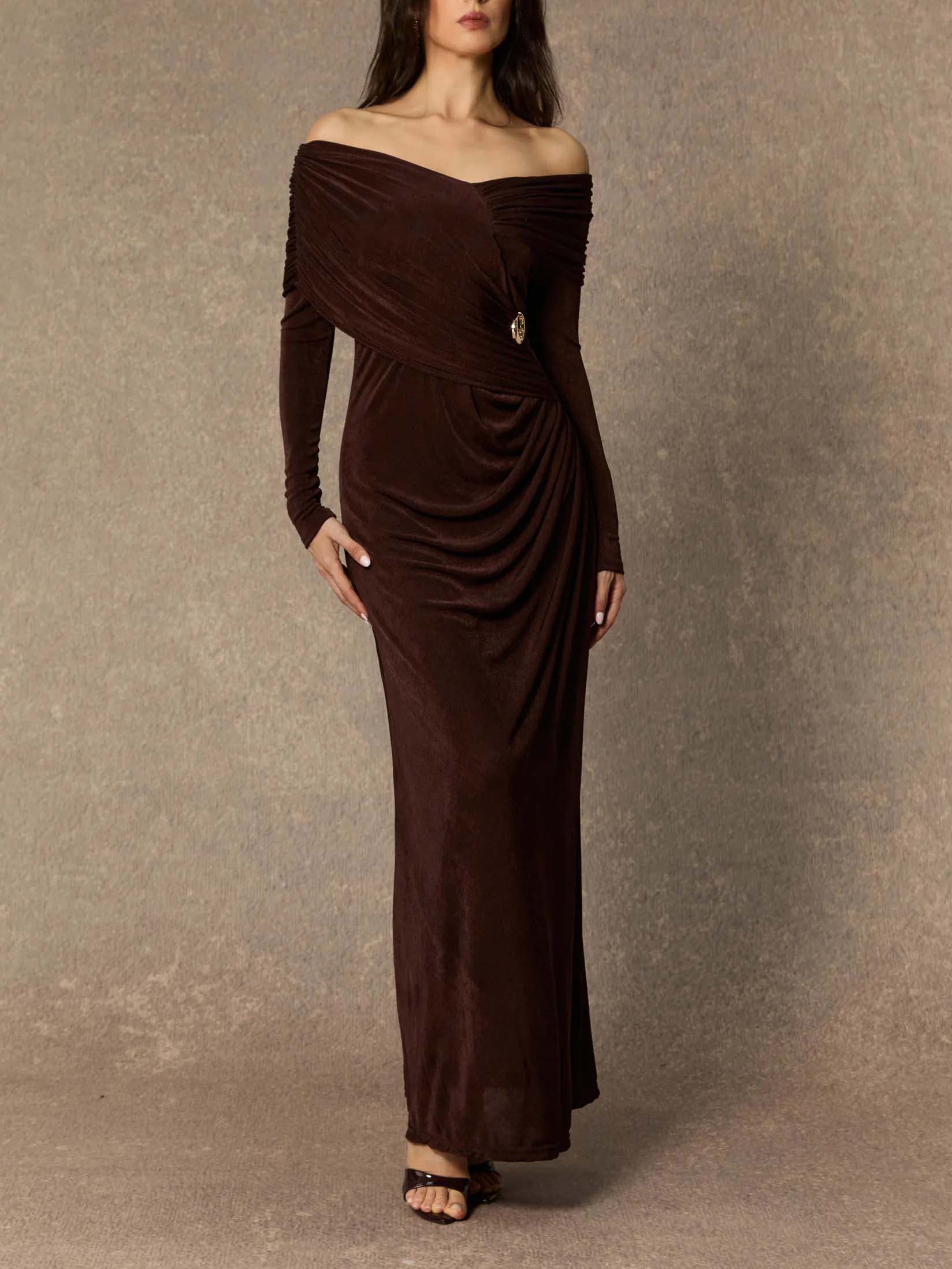 Elegant One-shoulder Pleated Knit Maxi Dress