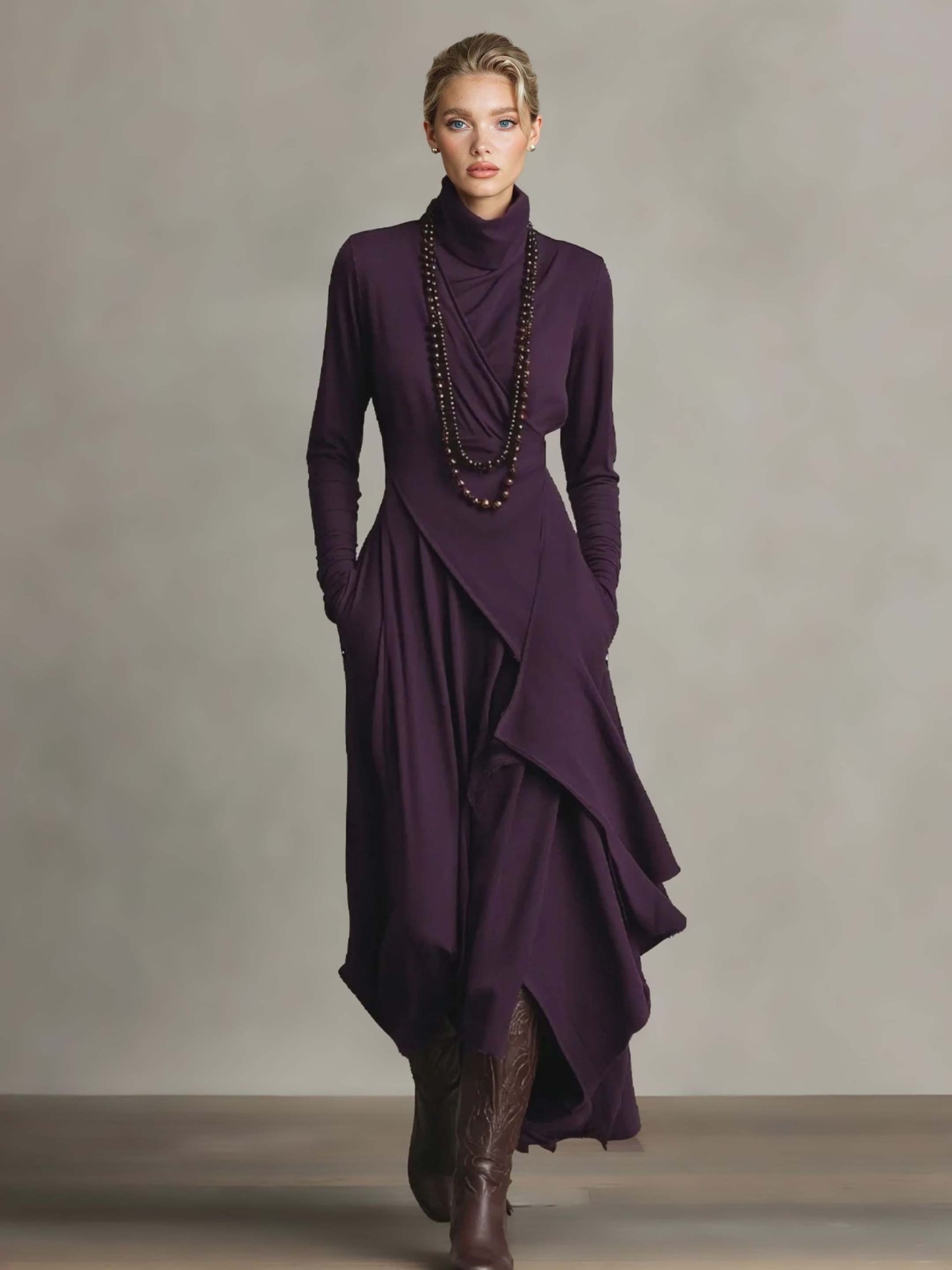 Elegant High-Neck Draped Asymmetrical Maxi Dress