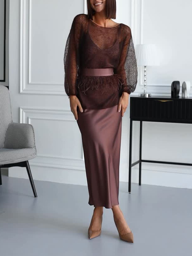 Elegant Openwork Knit Top And Satin Dress Two-piece Set