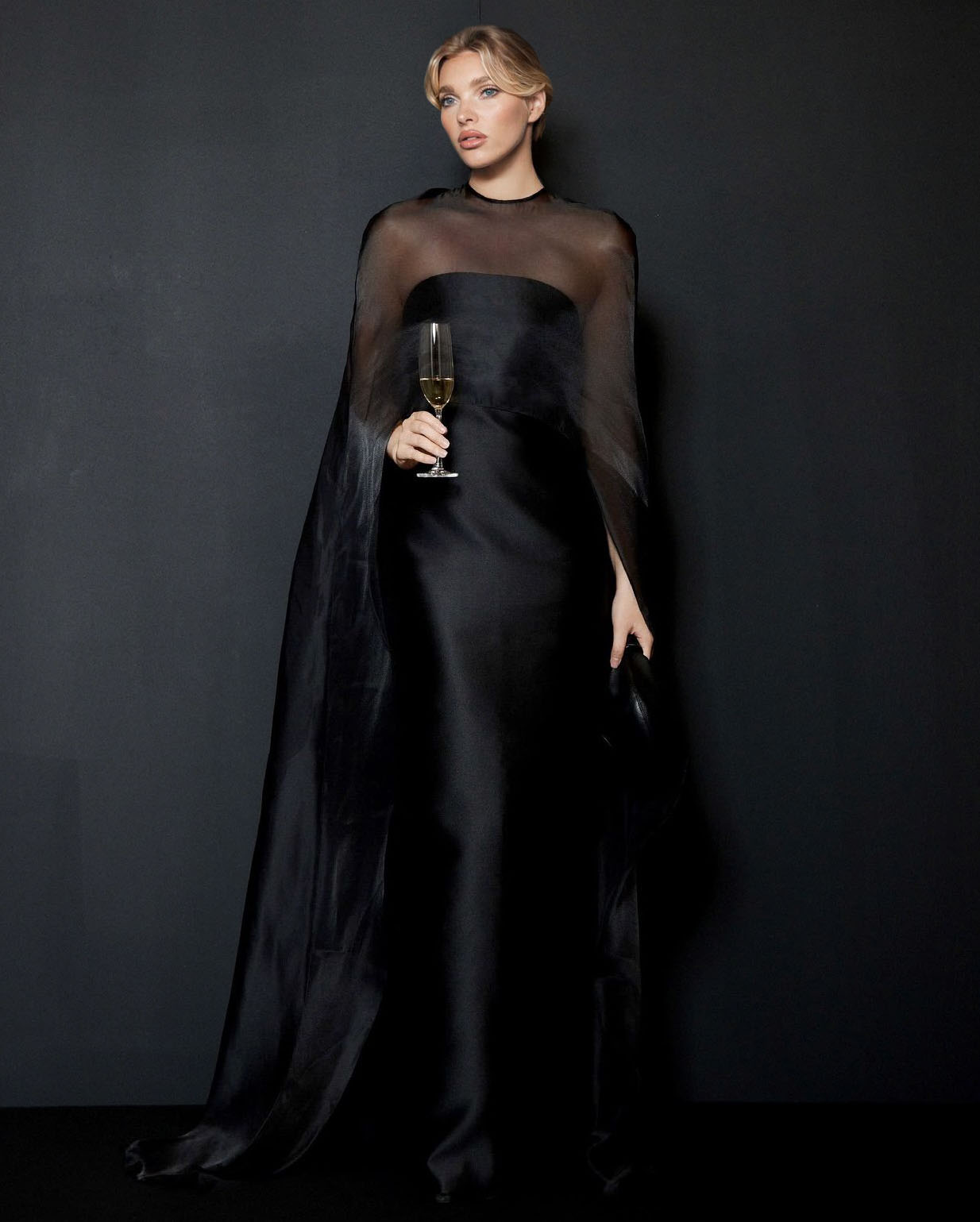 Elegant Sheer Cape Overlay Satin Maxi Dress
