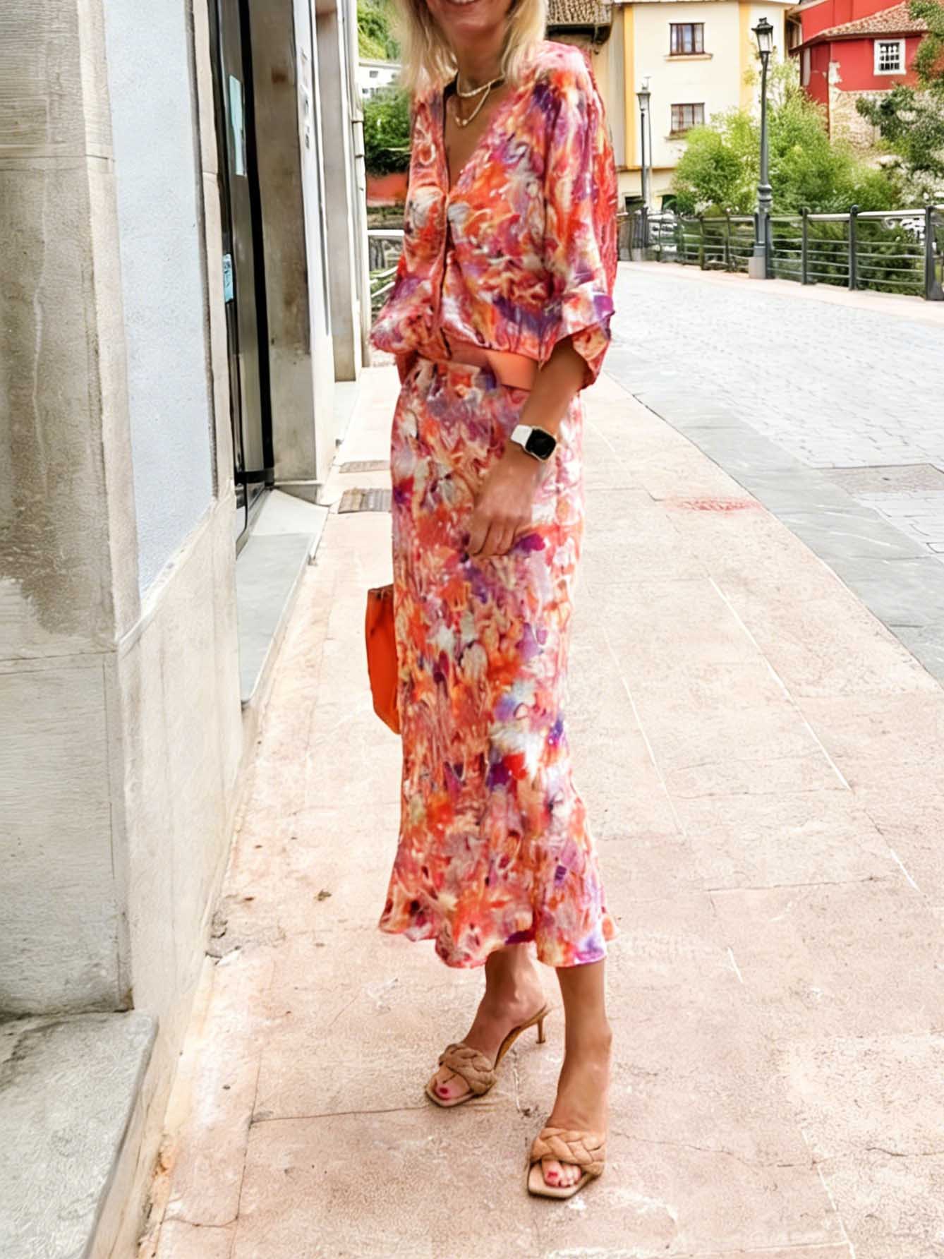 Exquisite Floral Print Satin Two-Piece Set