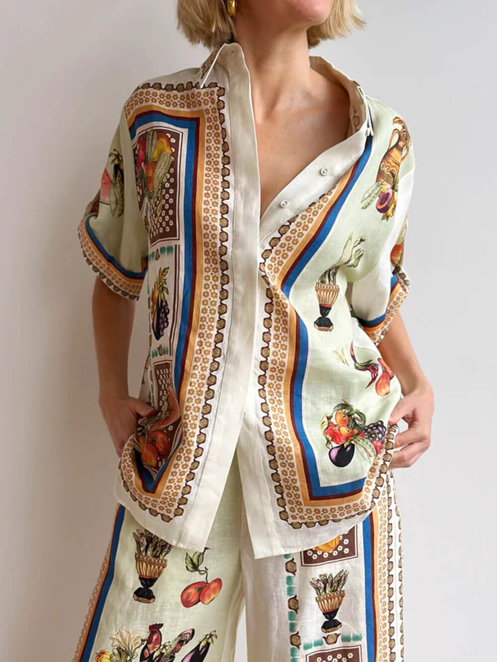 Unique Tropical Luxe Satin Fruit Print Loose Button-Up Shirt