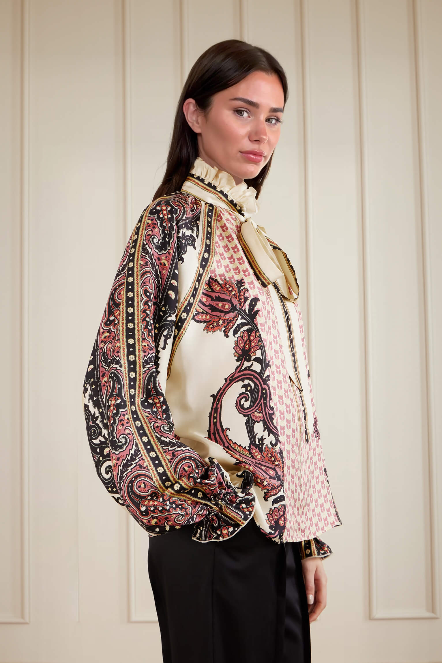 Exquisite Bow Ruffle Floral Printed Satin Twill Blouse