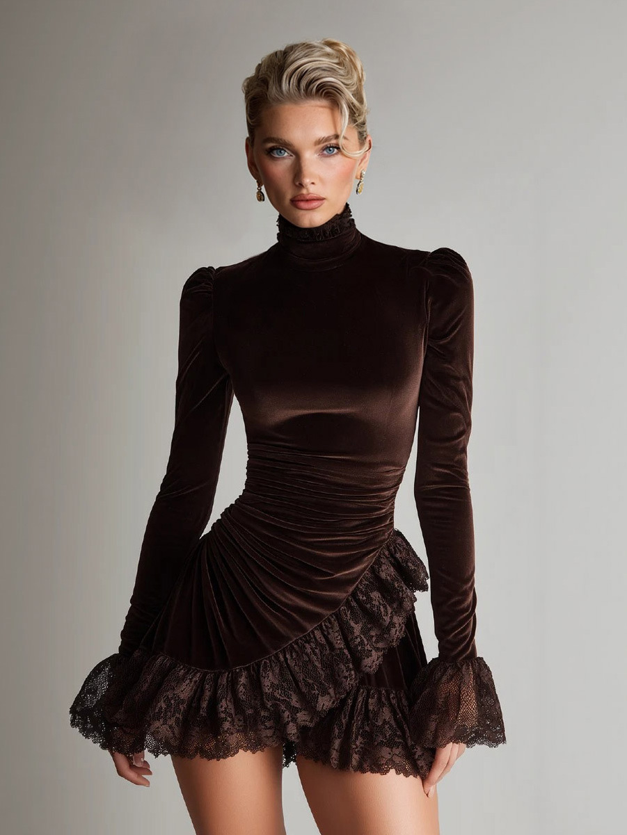 Elegant Velvet Ruffled Lace Mini Dress