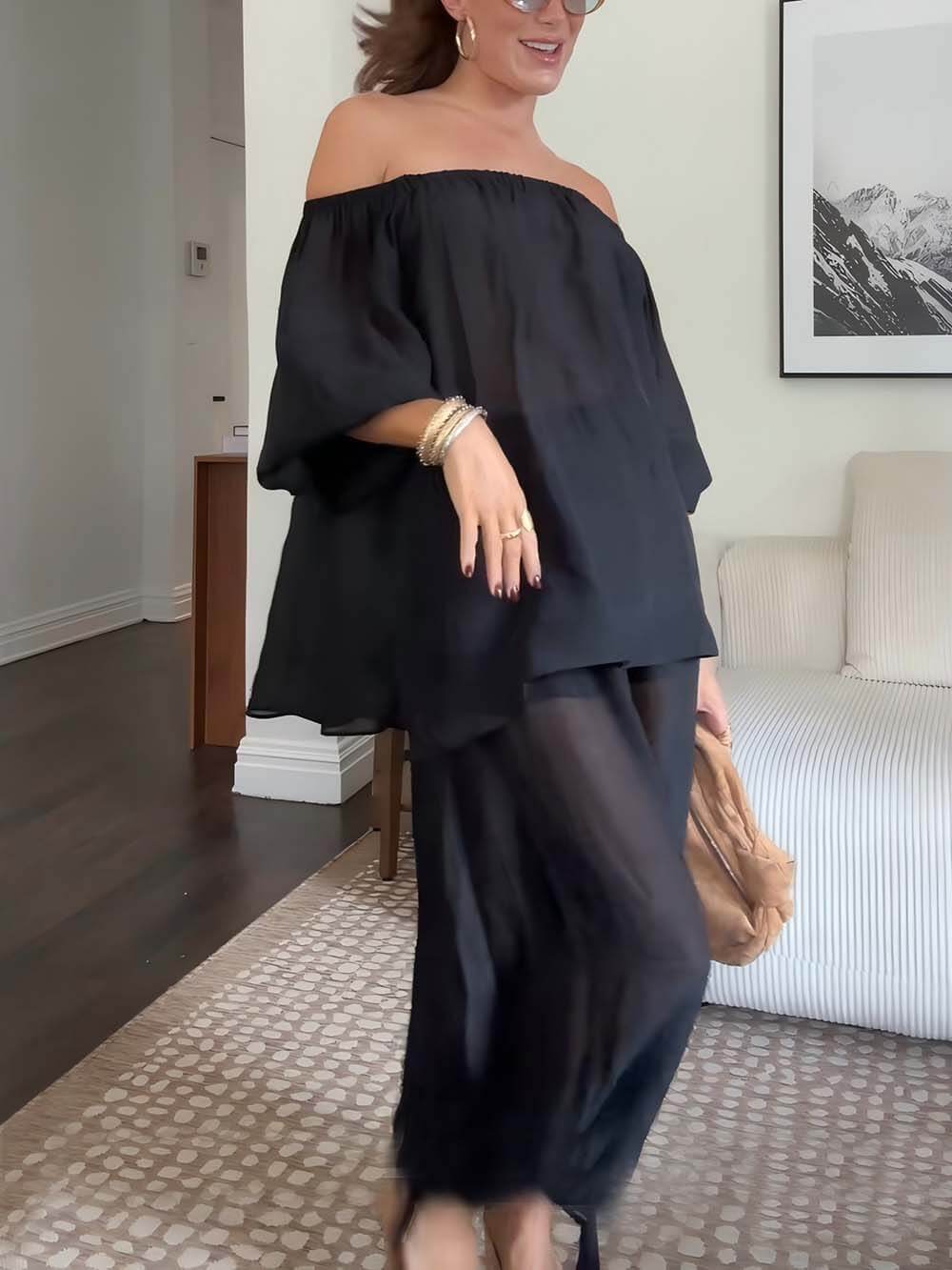 Casual Chiffon Off Shoulder Balloon Sleeve Top