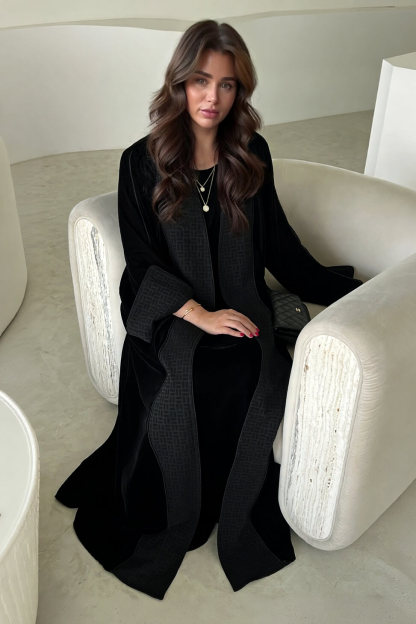 Elegant Black Printed Velvet Robe Cardigan