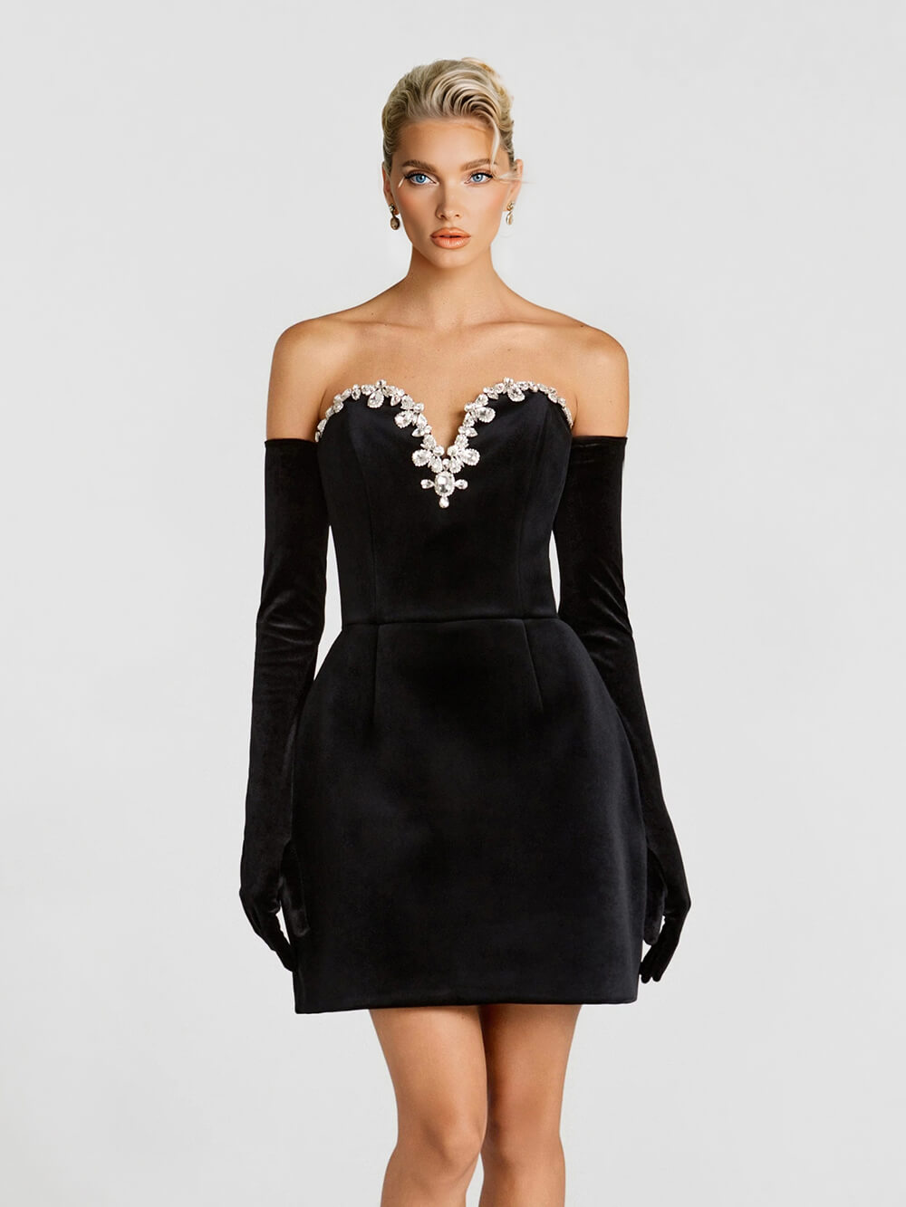 Elegant Strapless V-Neck Rhinestone-Embellished Mini Dress