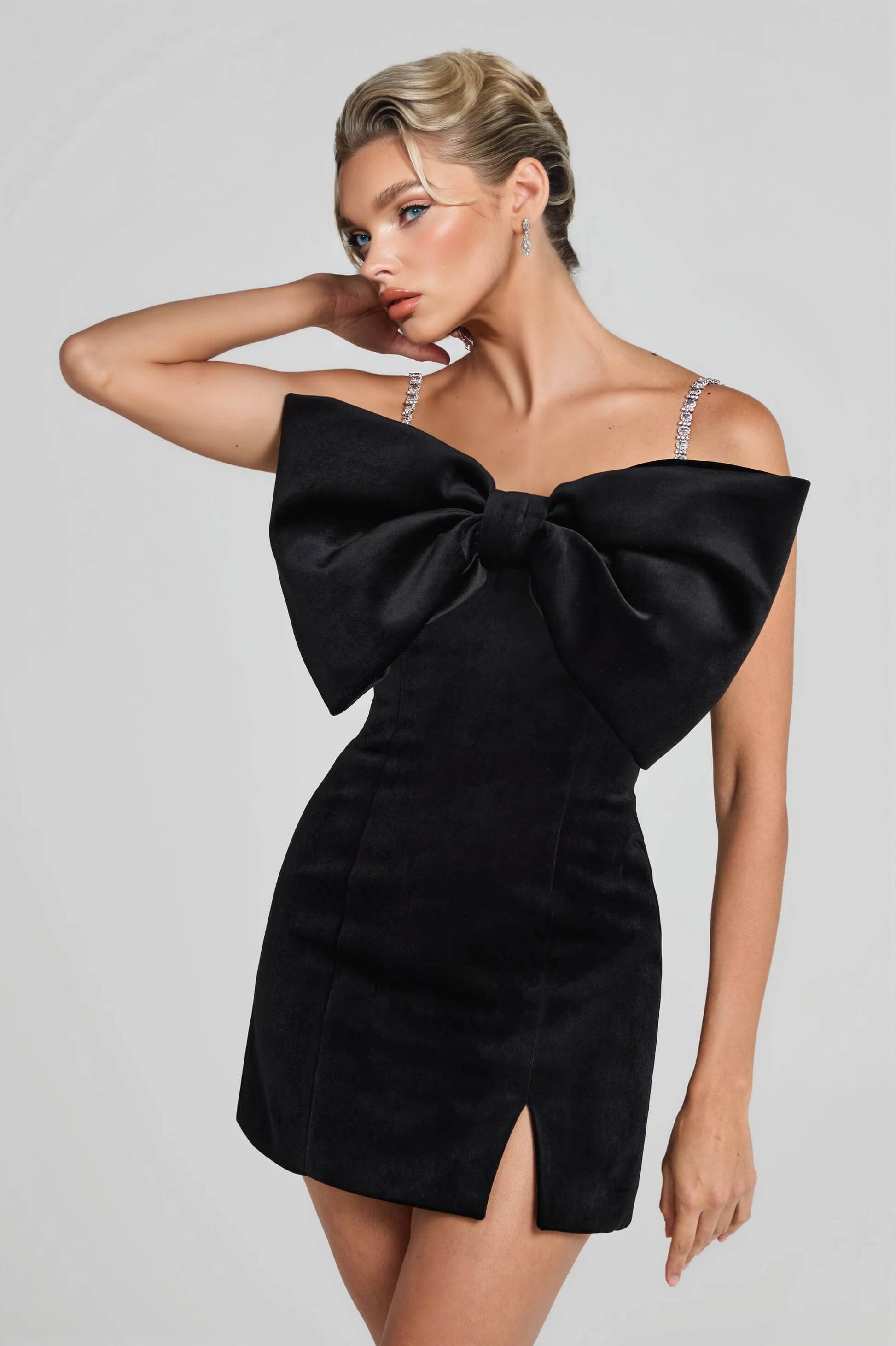 Exquisite Off-Shoulder Statement Bow Black Mini Dress