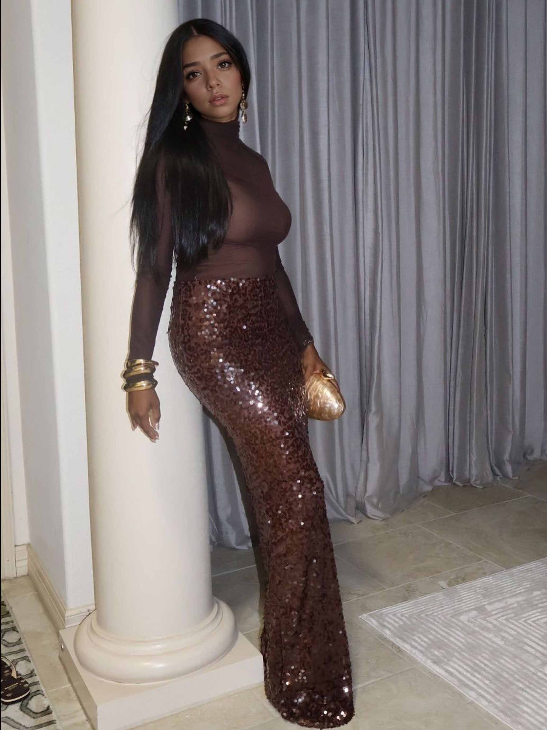 Elegant Extra Long Sequined Midi Skirt Two-Piece Set