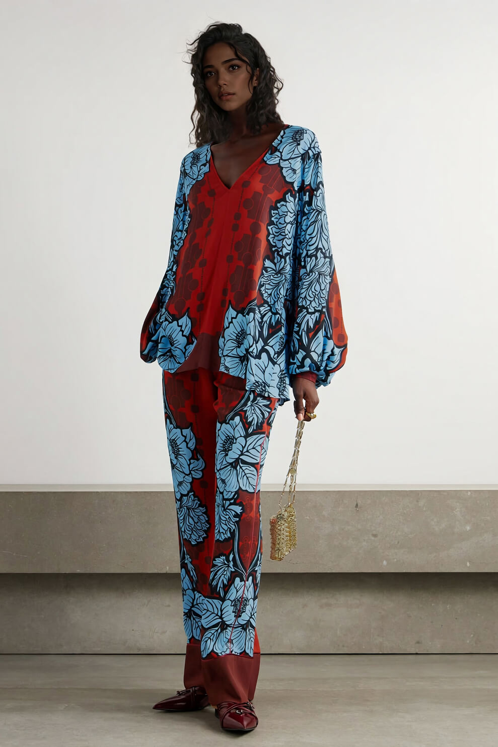 Unique Color-Block Floral Print Satin Piped Pocket Pants