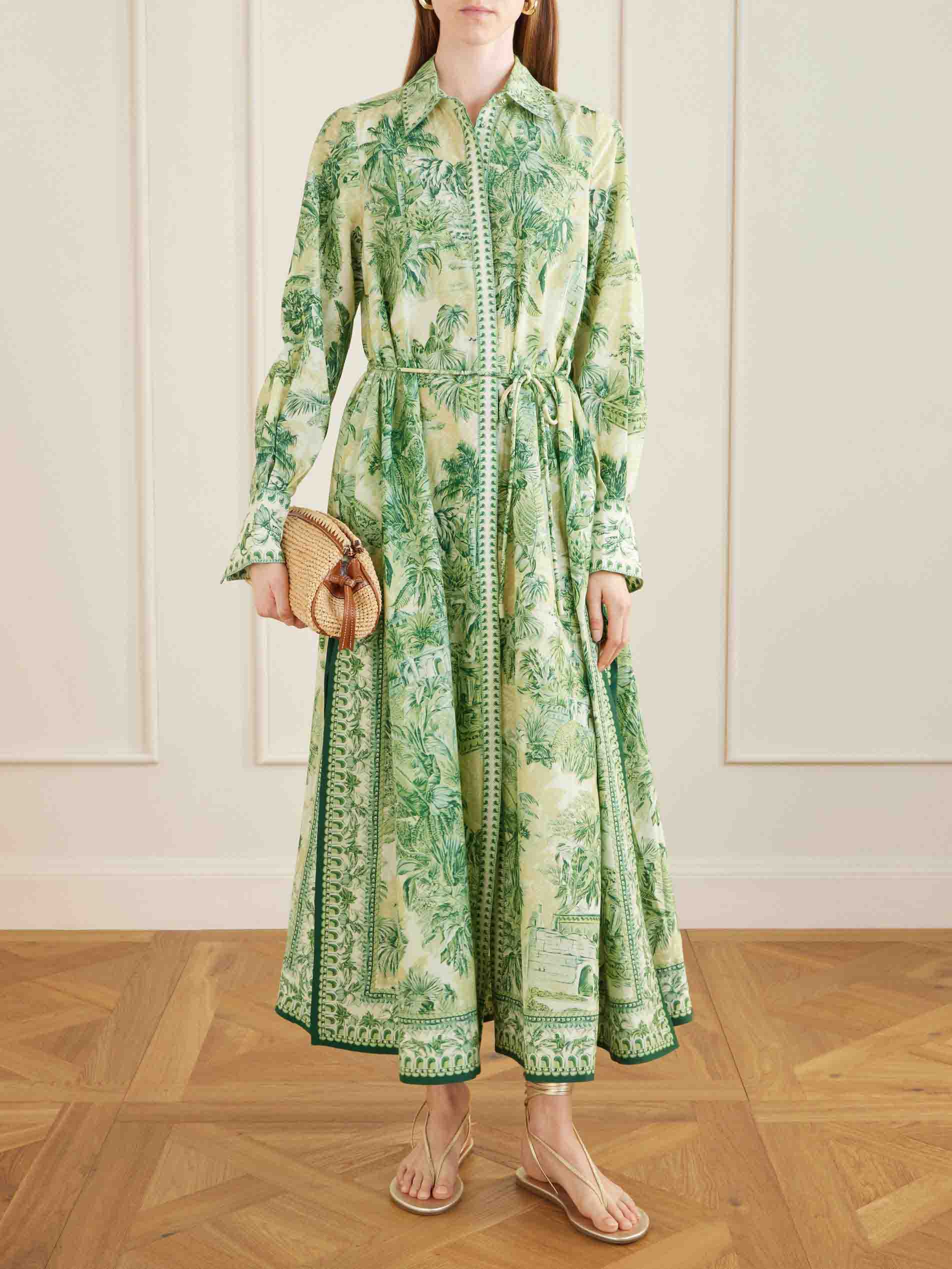 Bohemian Palm Print Long Sleeve Tiered Maxi Dress