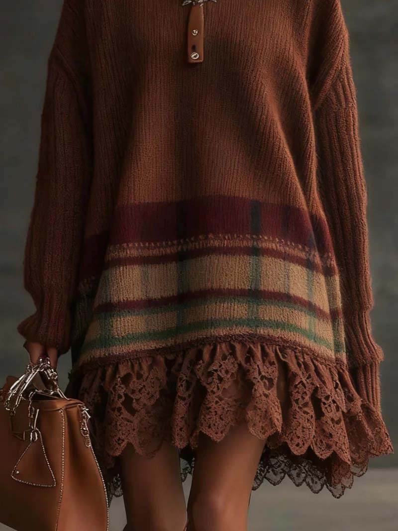 Elegant High-neck Plaid Sweater Dress
