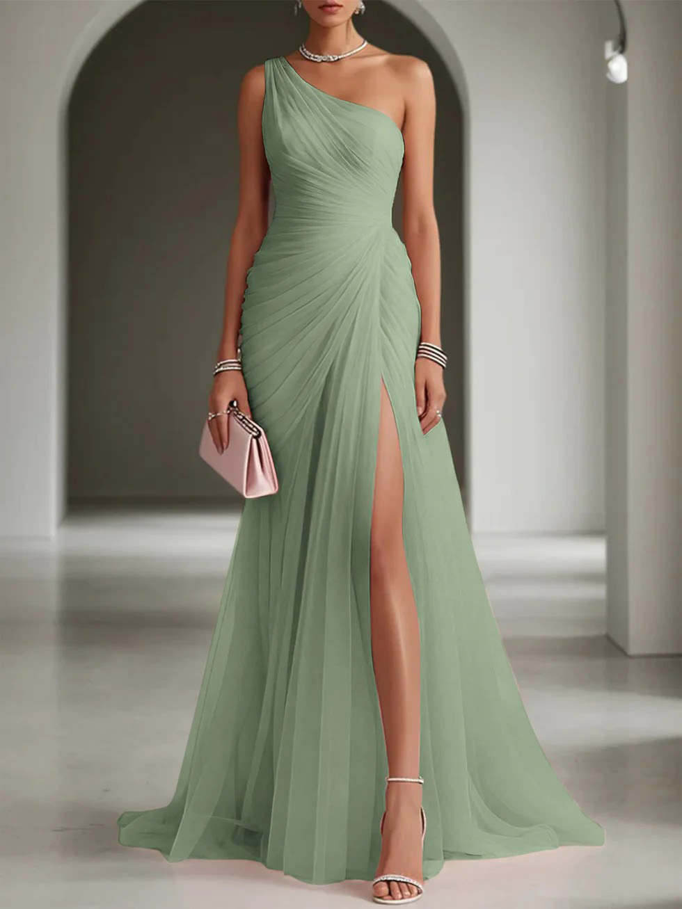 Elegant One-Shoulder Ruched Tulle High Slit Maxi Dress