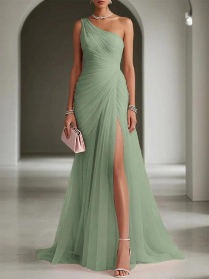 Elegant One-Shoulder Ruched Tulle High Slit Maxi Dress