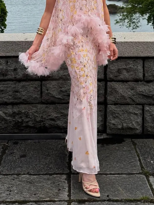 Elegant Floral Print Halterneck Cape Chiffon Top