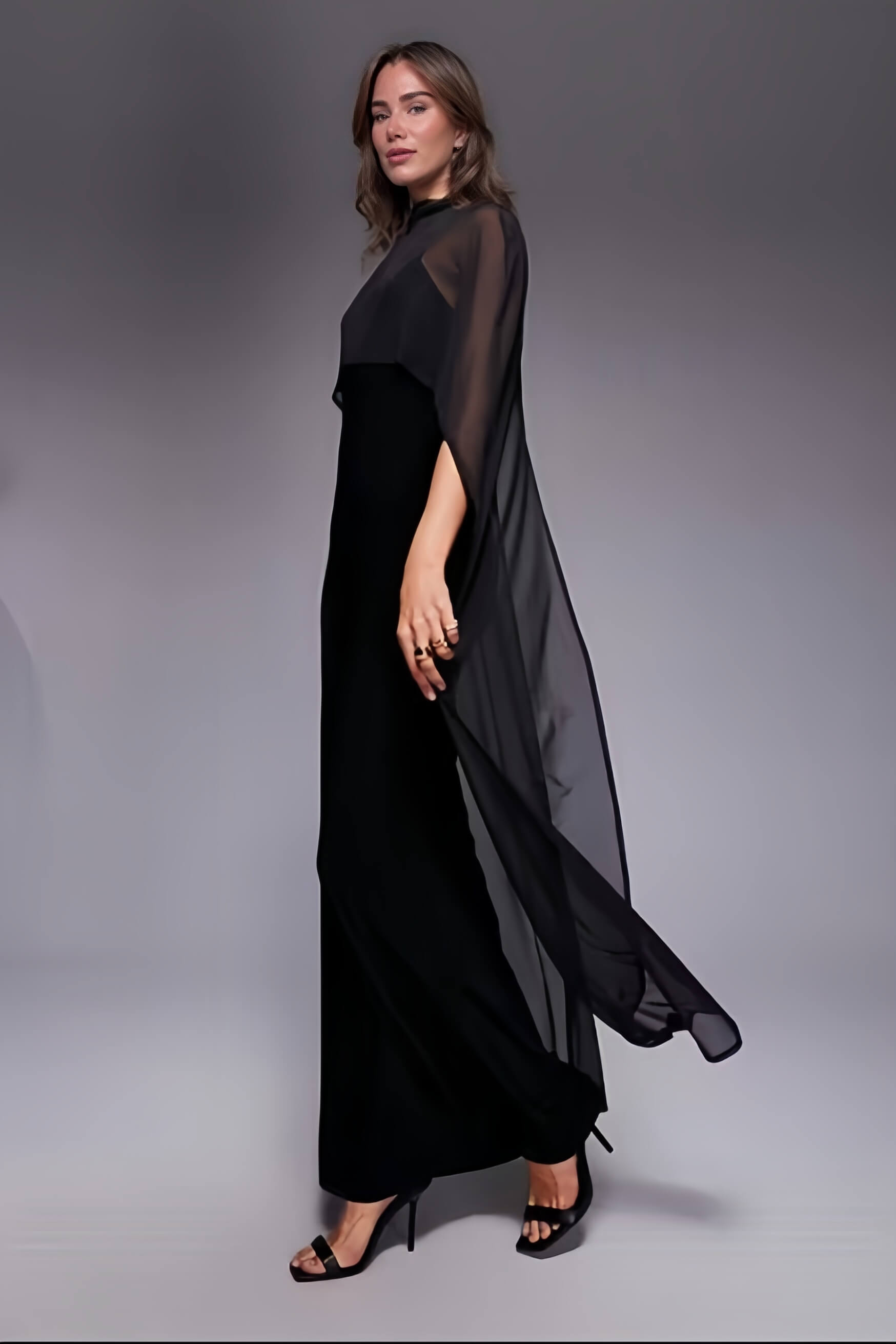 Sexy Black V-neck Sleeveless Sheer Fit Shawl-Style Spaghetti Strap Maxi Dress