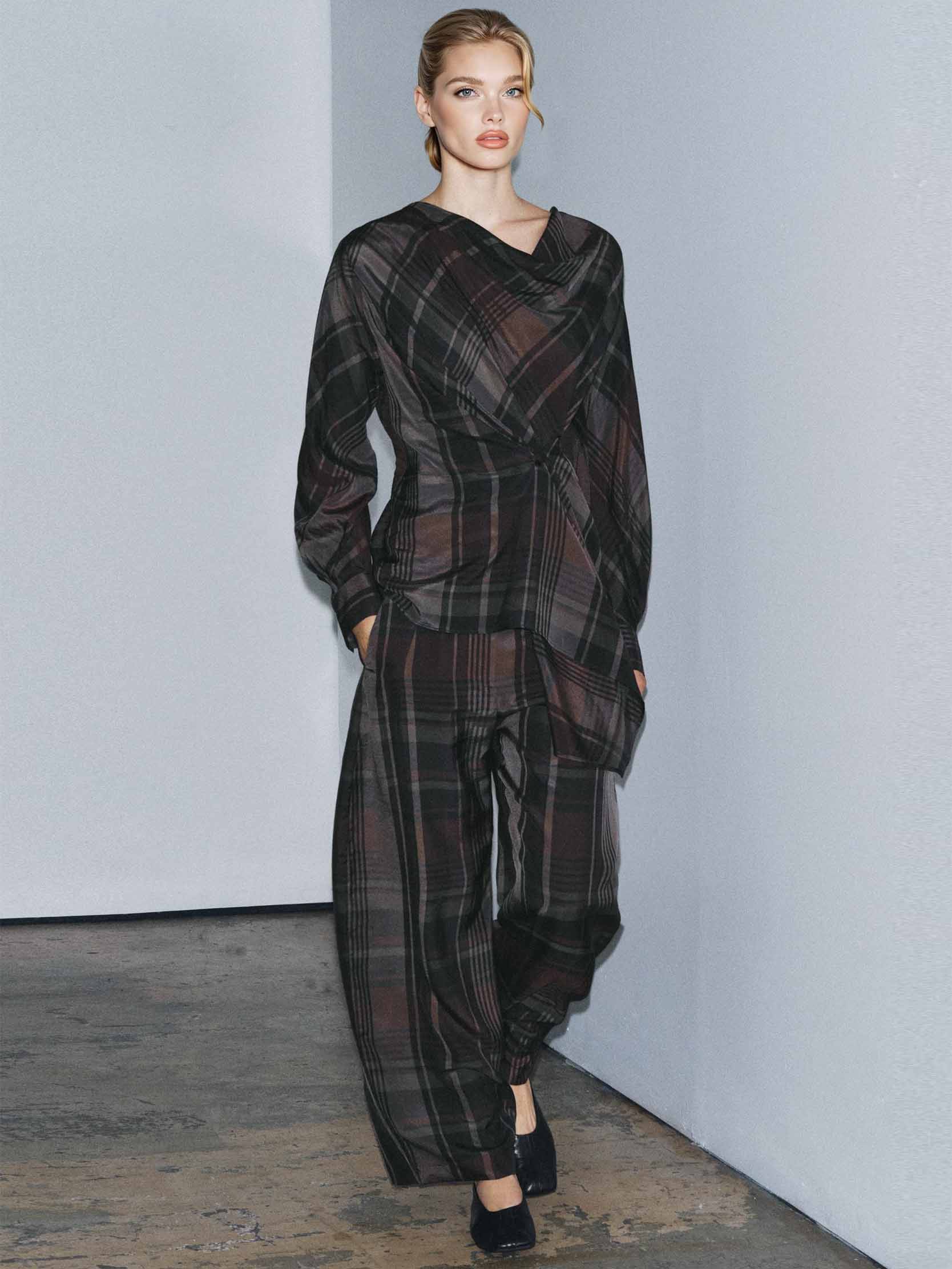 Asymmetric Draped Plaid Long-Sleeve Top