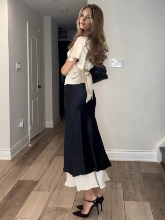 Elegant Satin Top & Layered Contrast Maxi Skirt Two-Piece Set