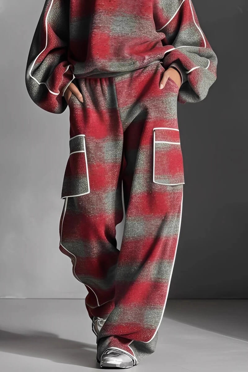 Fashion Street-Style Red And Gray Plaid Color-Block Wide-Leg Pants