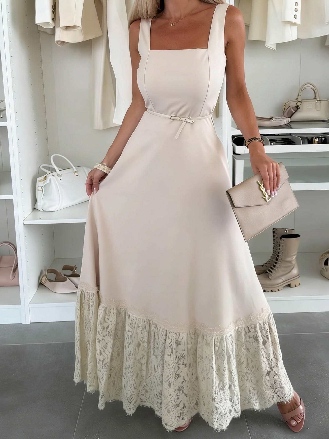 Elegant Square Neck Tie-Up Lace Maxi Dress