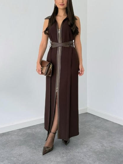 Retro Fashion Brown Lace-Up Zipper Maxi Dress